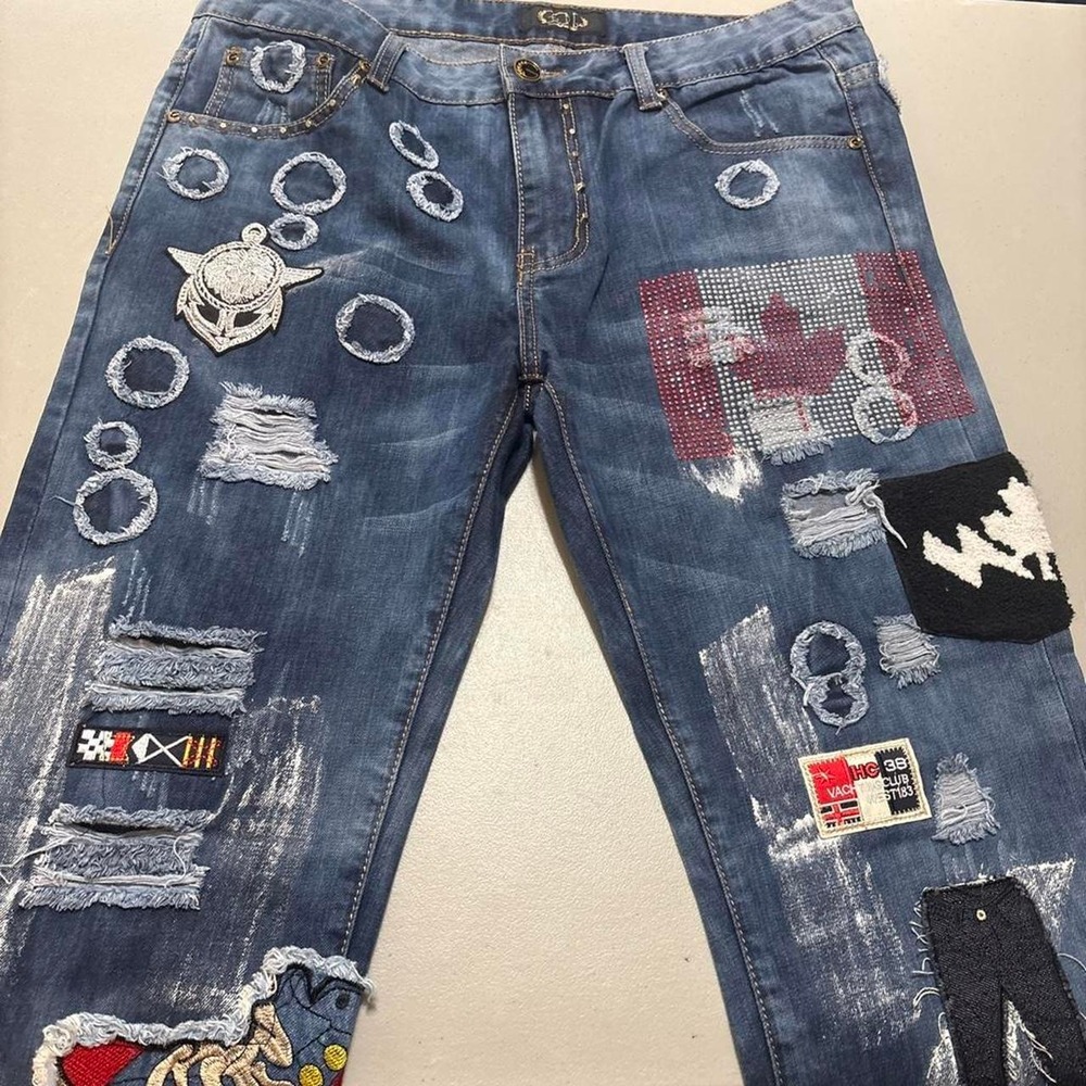 Gold Leaf Jeans Mens 36X32 Blue Selvedge Distressed Paint Splatter Heavy Patches